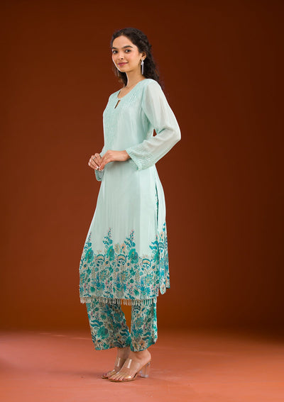 Sky Blue Threadwork Semi Crepe Readymade Salwar Suit