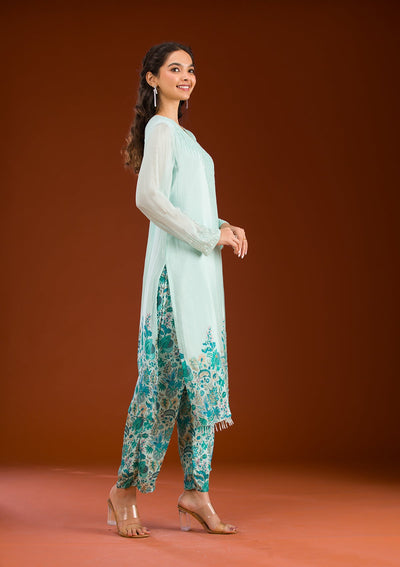 Sky Blue Threadwork Semi Crepe Readymade Salwar Suit