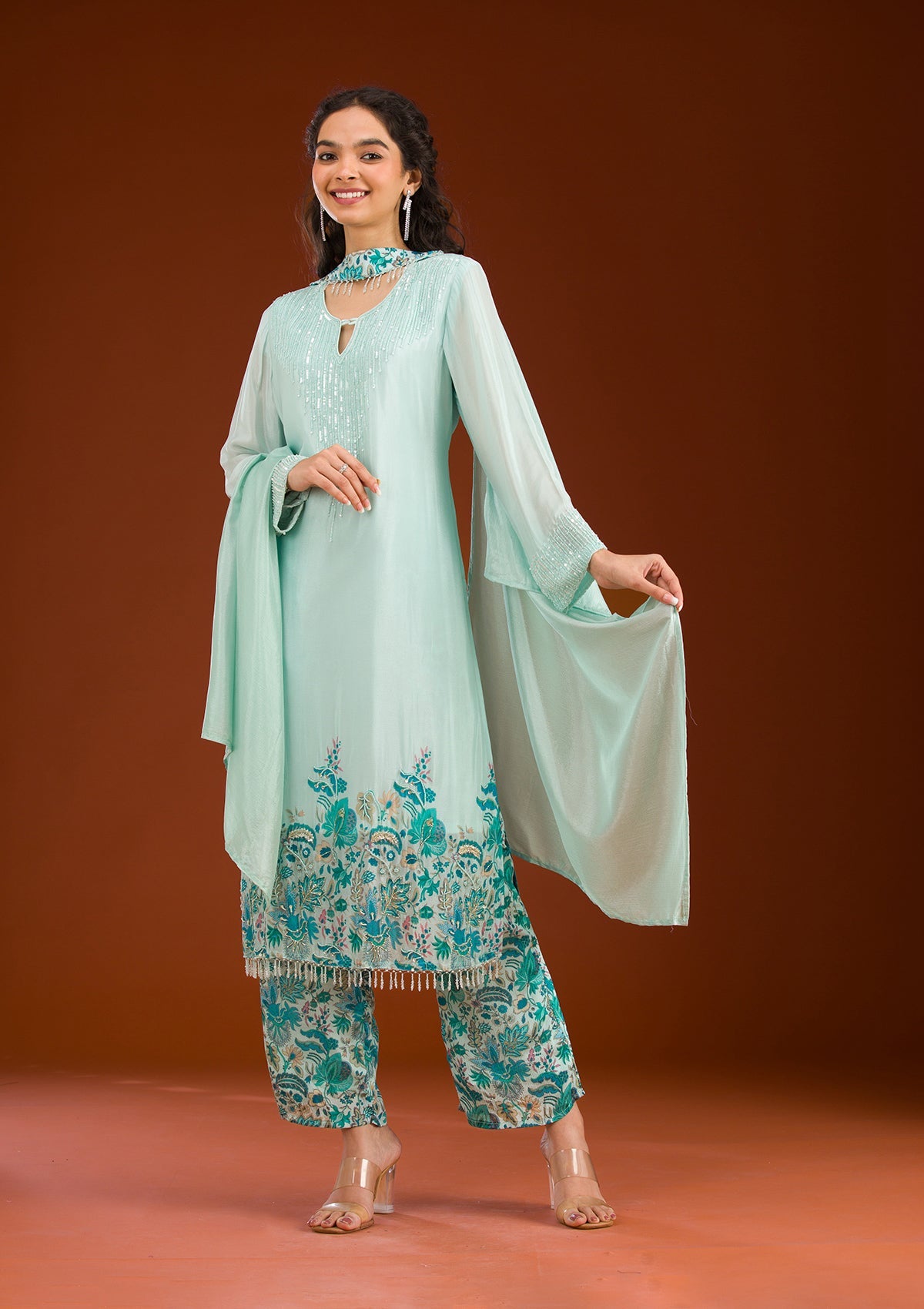 Sky Blue Threadwork Semi Crepe Readymade Salwar Suit-Koskii