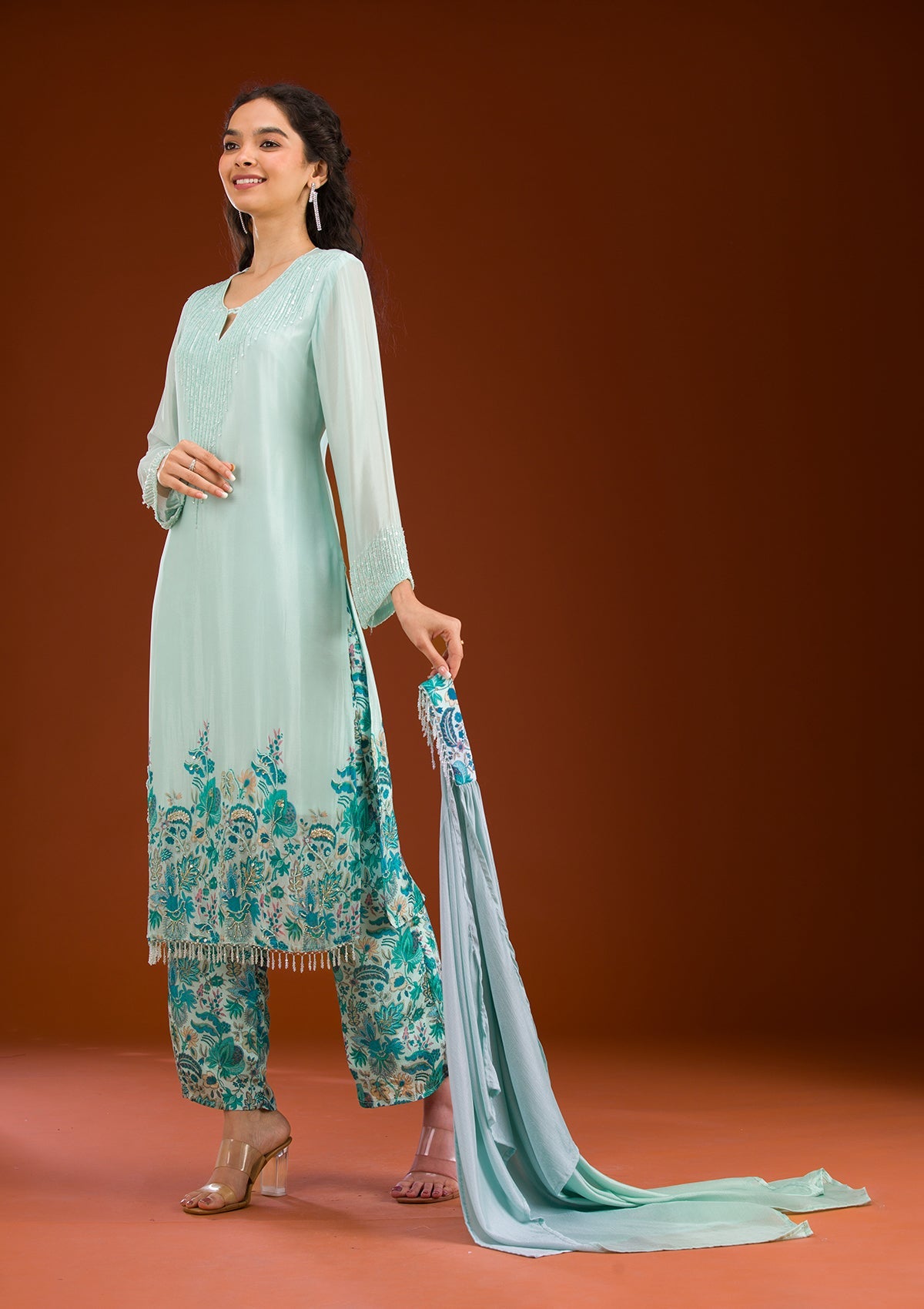 Sky Blue Threadwork Semi Crepe Readymade Salwar Suit