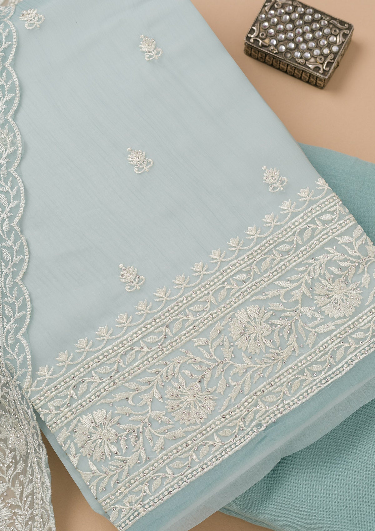 Sky Blue Threadwork Semi Crepe Unstitched Salwar Suit