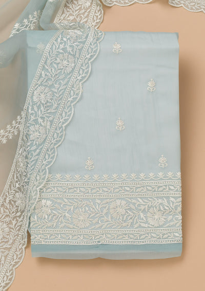 Sky Blue Threadwork Semi Crepe Unstitched Salwar Suit