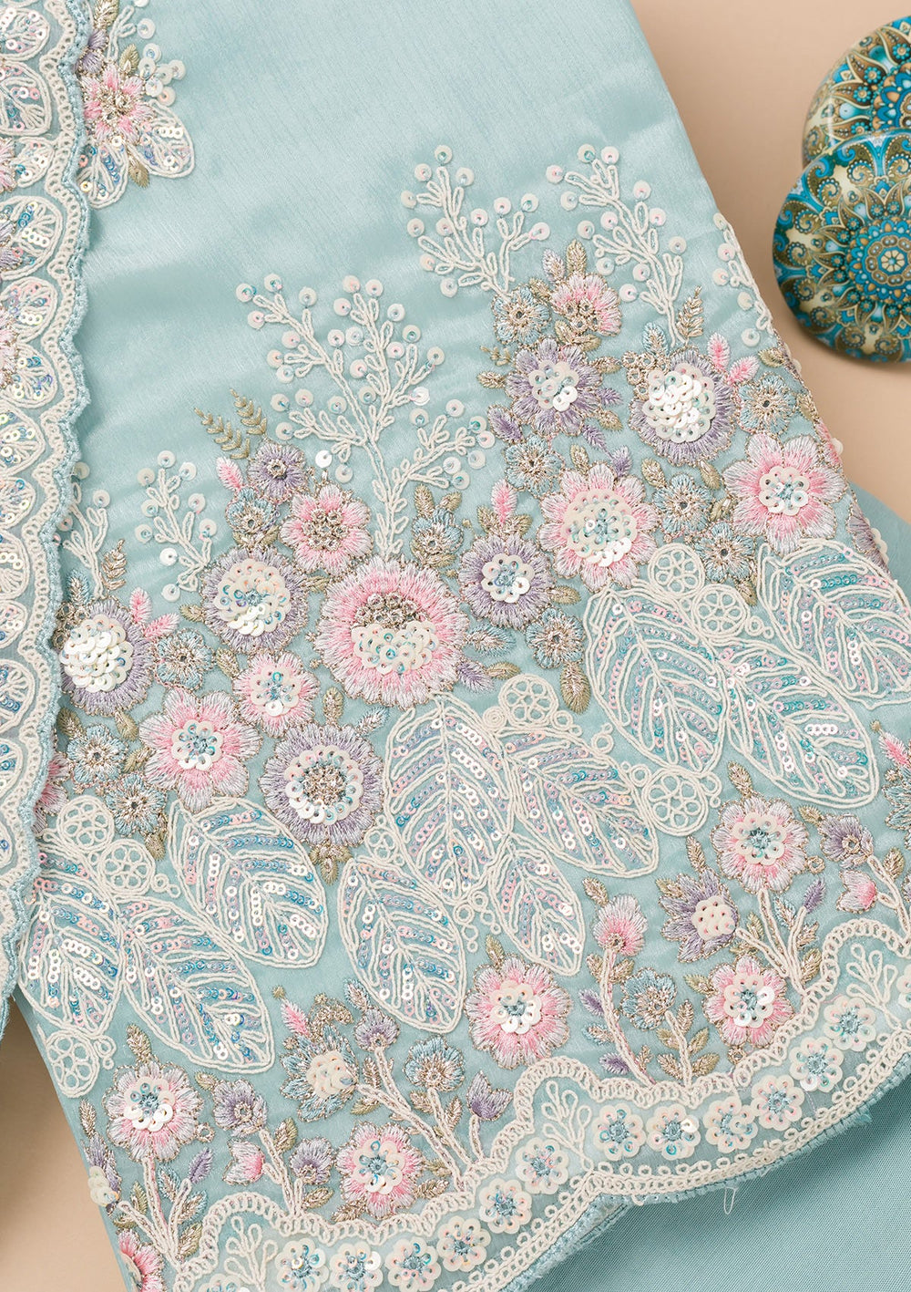 Sky Blue Threadwork Semi Crepe Unstitched Salwar Kameez-Koskii