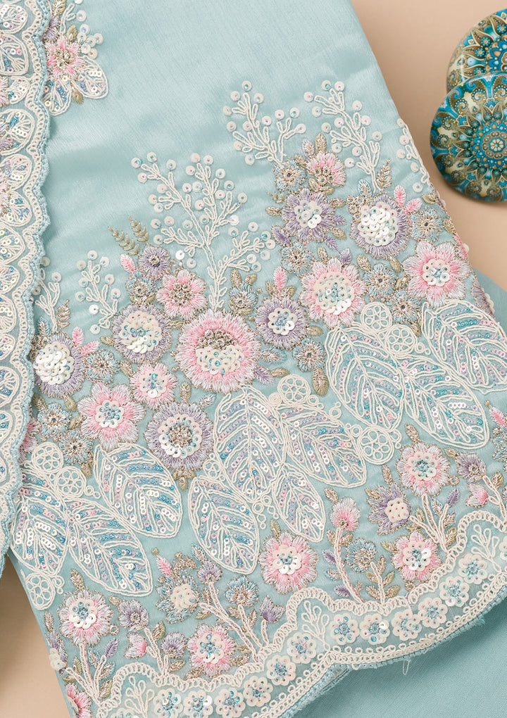 Sky Blue Threadwork Semi Crepe Unstitched Salwar Kameez-Koskii