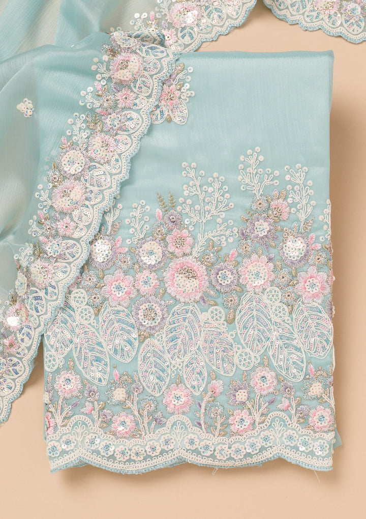 Sky Blue Threadwork Semi Crepe Unstitched Salwar Kameez-Koskii
