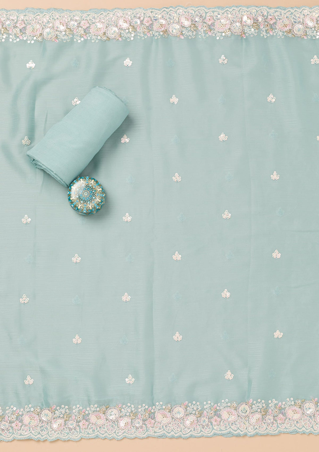 Sky Blue Threadwork Semi Crepe Unstitched Salwar Kameez-Koskii