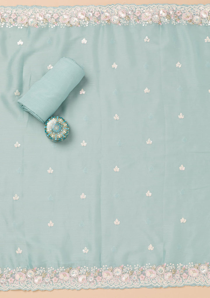 Sky Blue Threadwork Semi Crepe Unstitched Salwar Kameez-Koskii