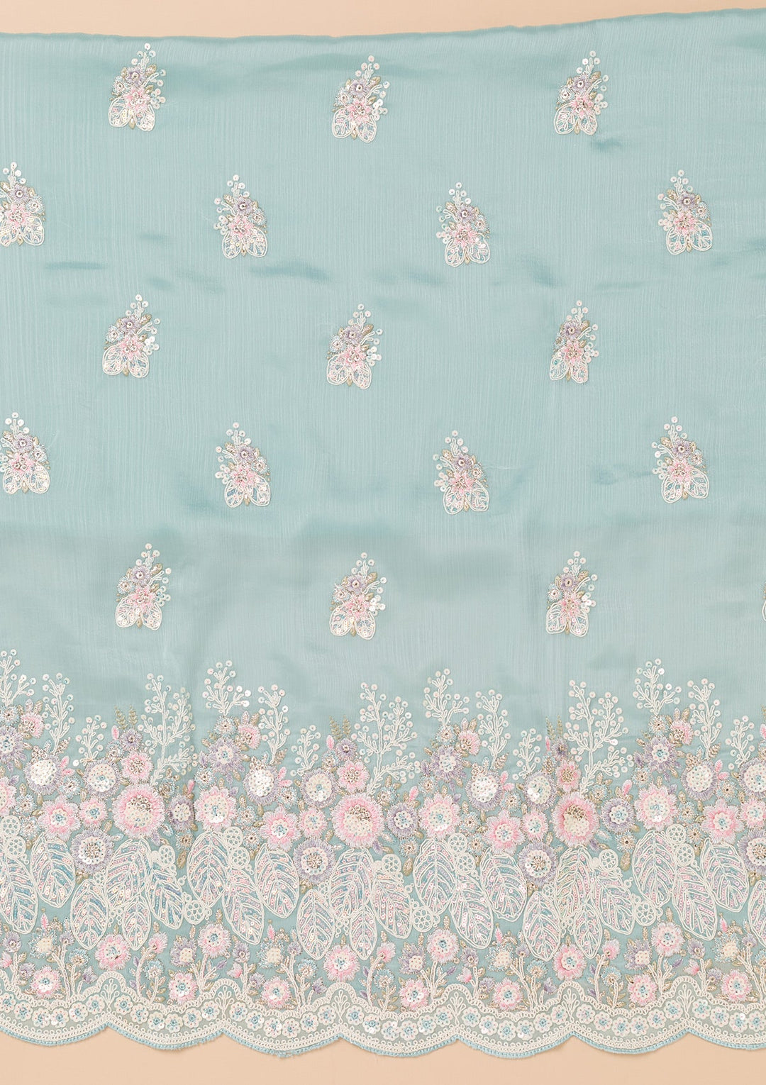 Sky Blue Threadwork Semi Crepe Unstitched Salwar Kameez-Koskii