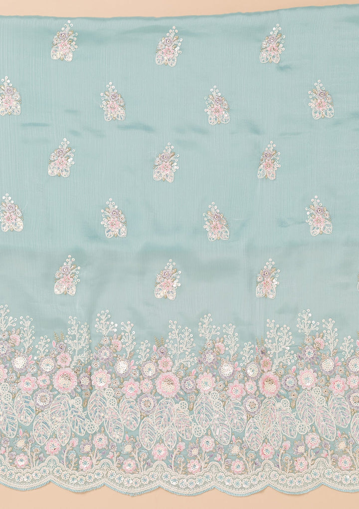 Sky Blue Threadwork Semi Crepe Unstitched Salwar Kameez-Koskii