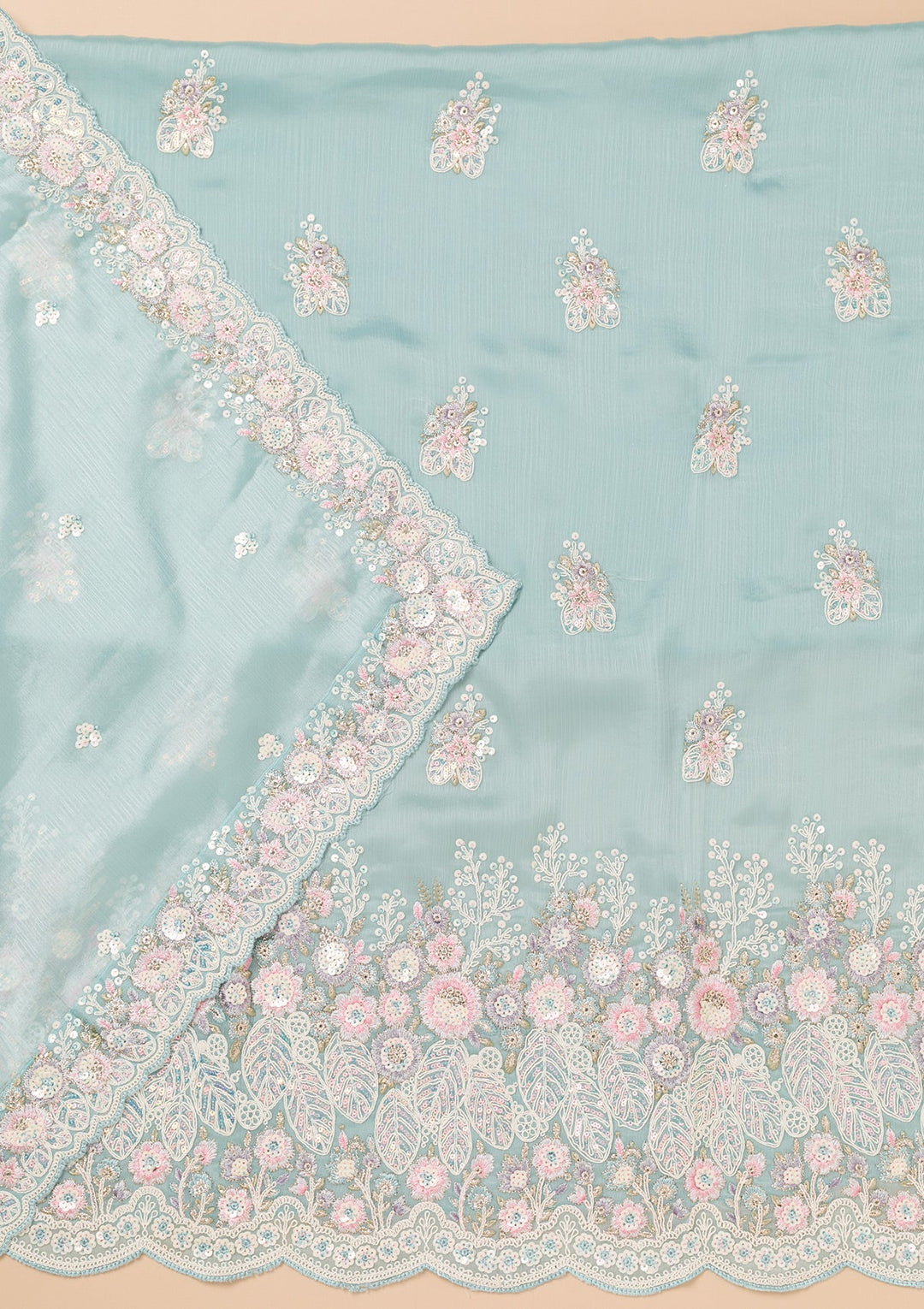 Sky Blue Threadwork Semi Crepe Unstitched Salwar Kameez-Koskii