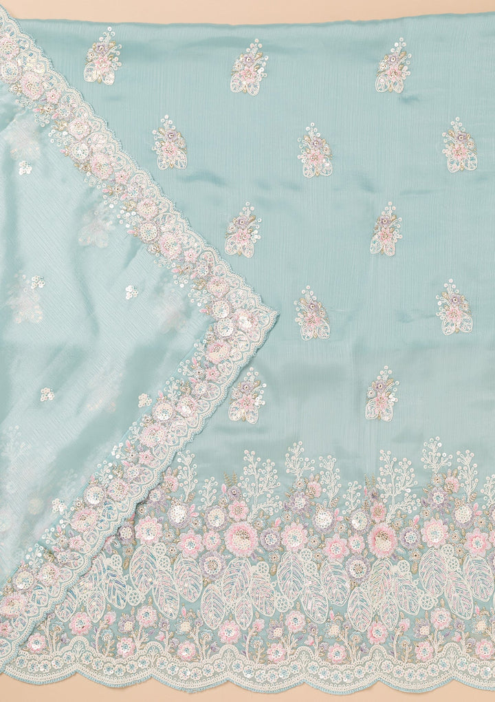 Sky Blue Threadwork Semi Crepe Unstitched Salwar Kameez-Koskii