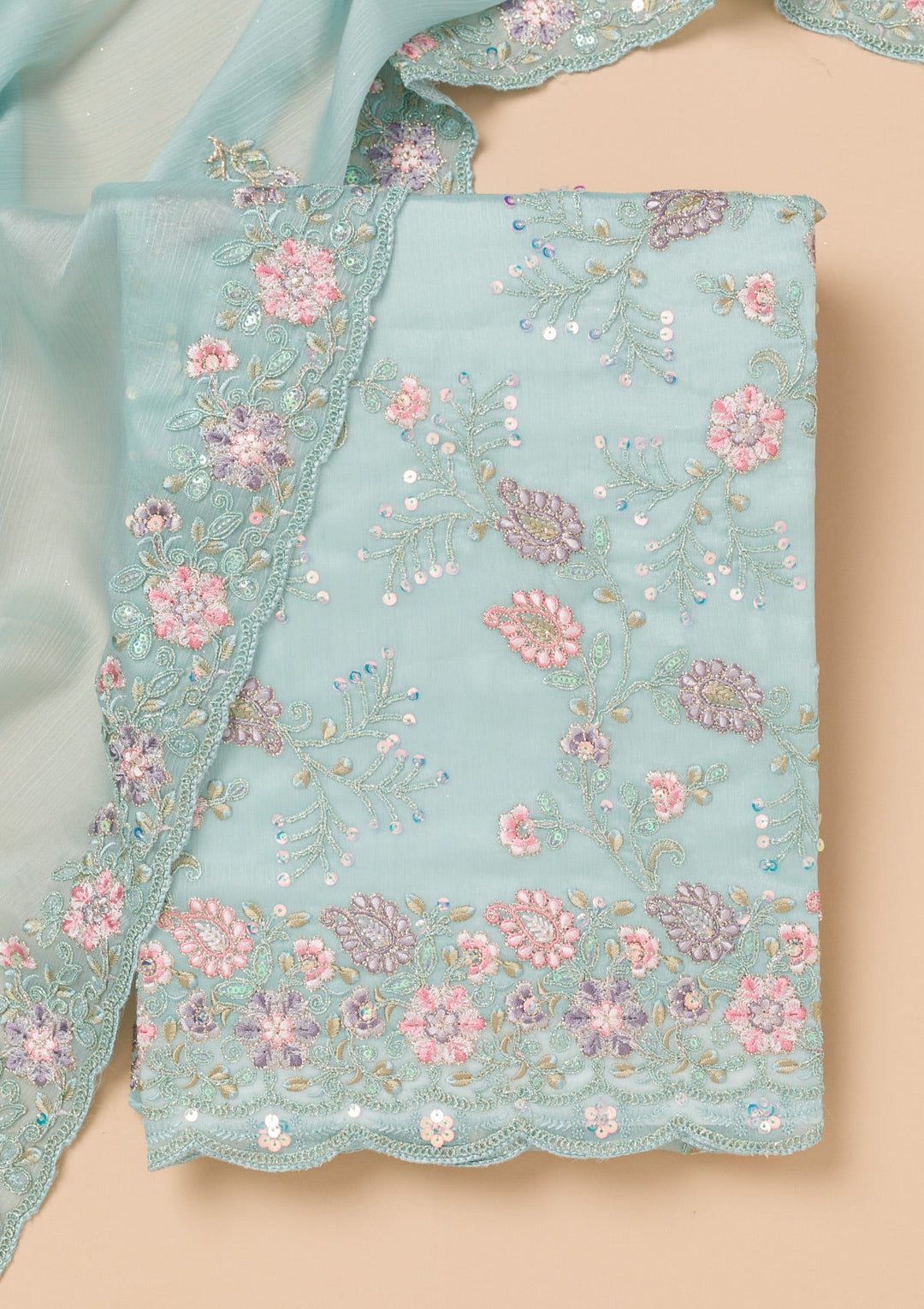 Sky Blue Threadwork Semi Crepe Unstitched Salwar Kameez-Koskii