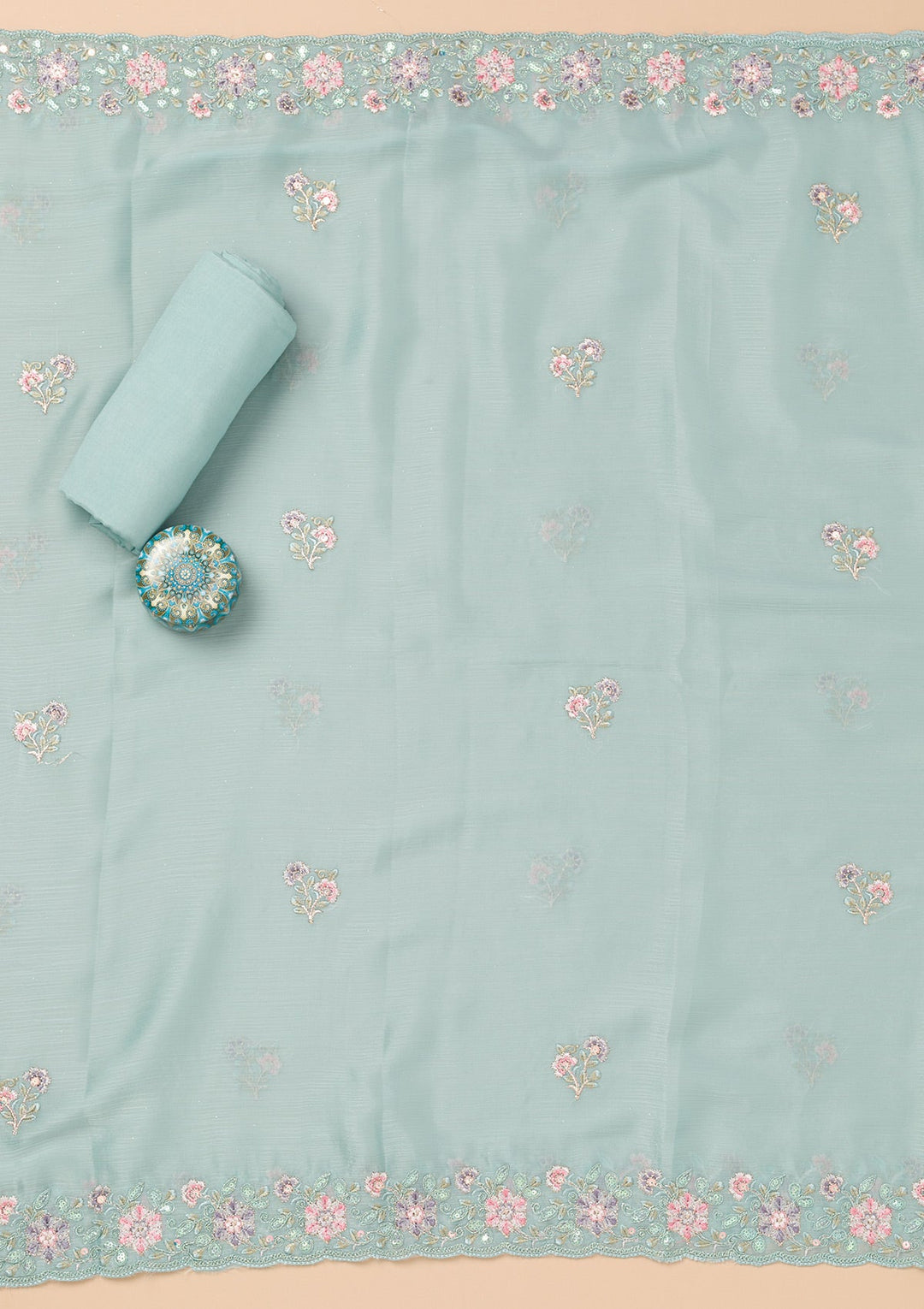 Sky Blue Threadwork Semi Crepe Unstitched Salwar Kameez-Koskii