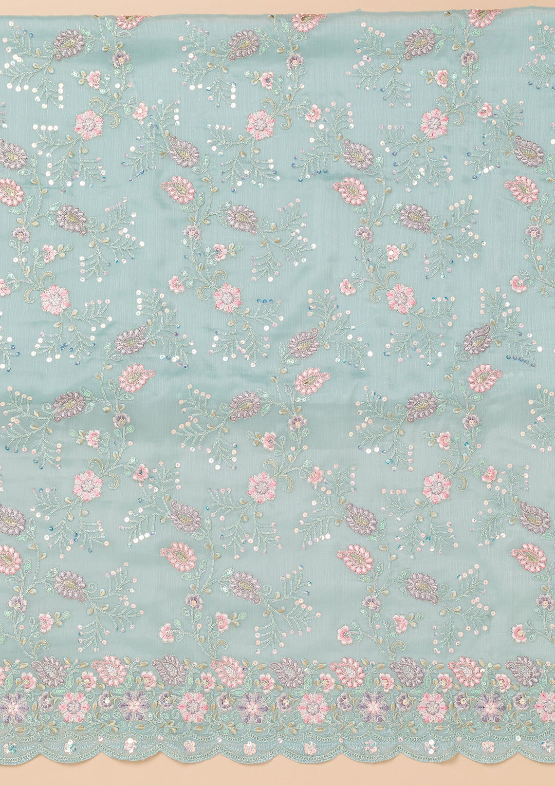 Sky Blue Threadwork Semi Crepe Unstitched Salwar Kameez-Koskii