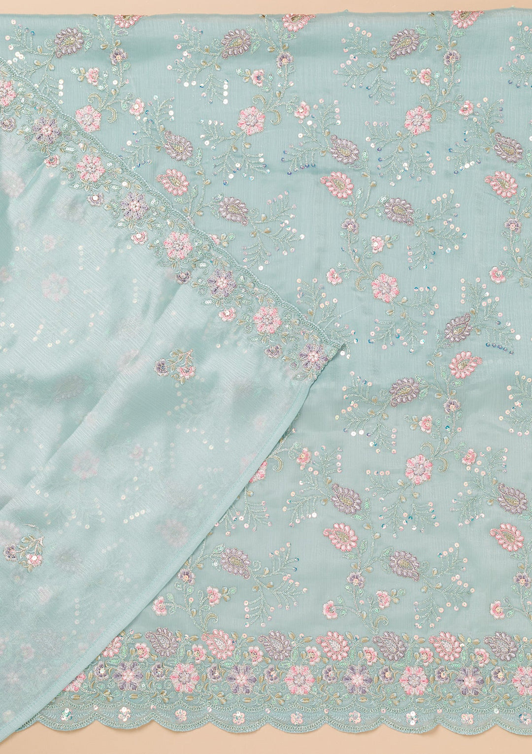 Sky Blue Threadwork Semi Crepe Unstitched Salwar Kameez-Koskii