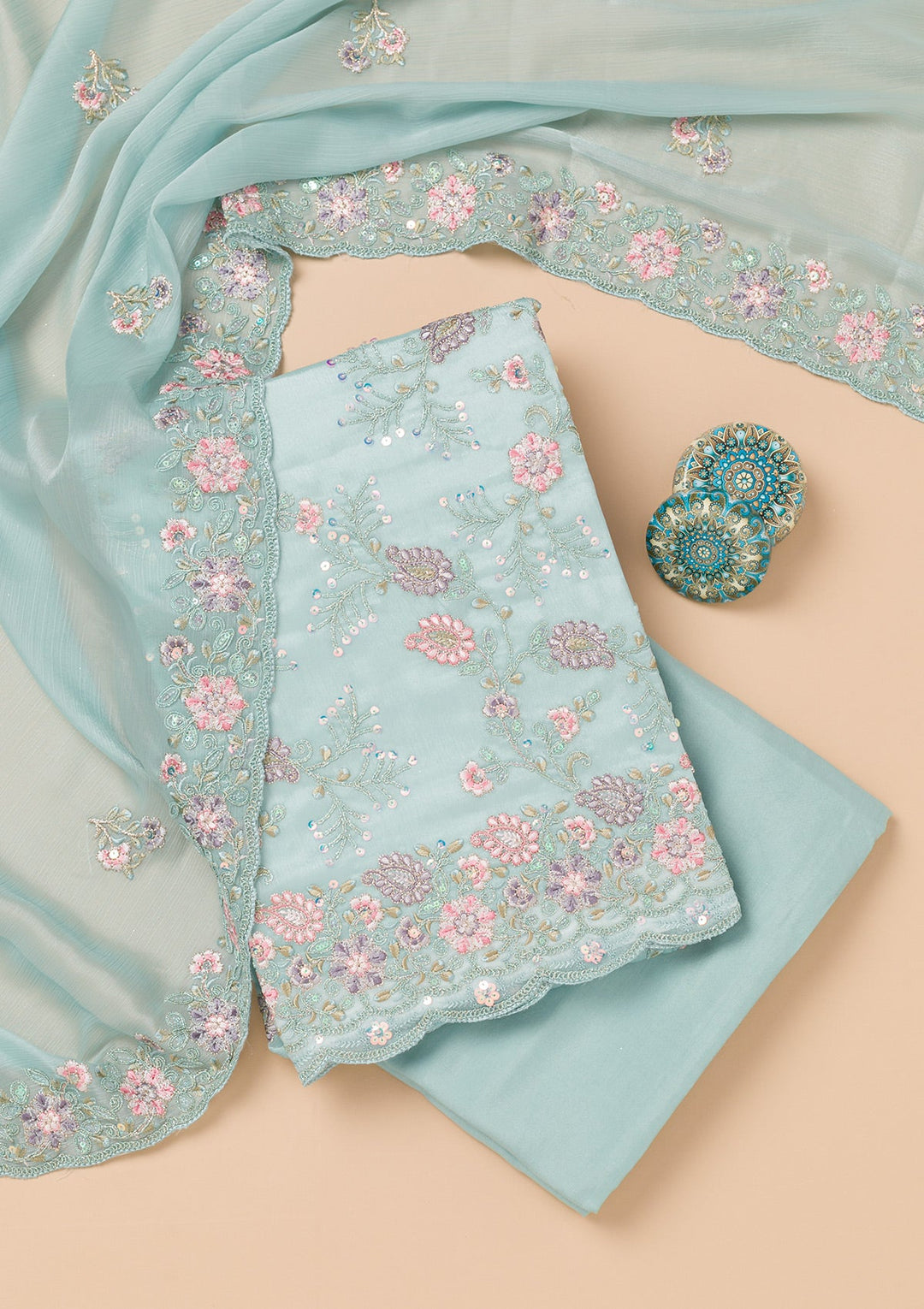 Sky Blue Threadwork Semi Crepe Unstitched Salwar Kameez-Koskii