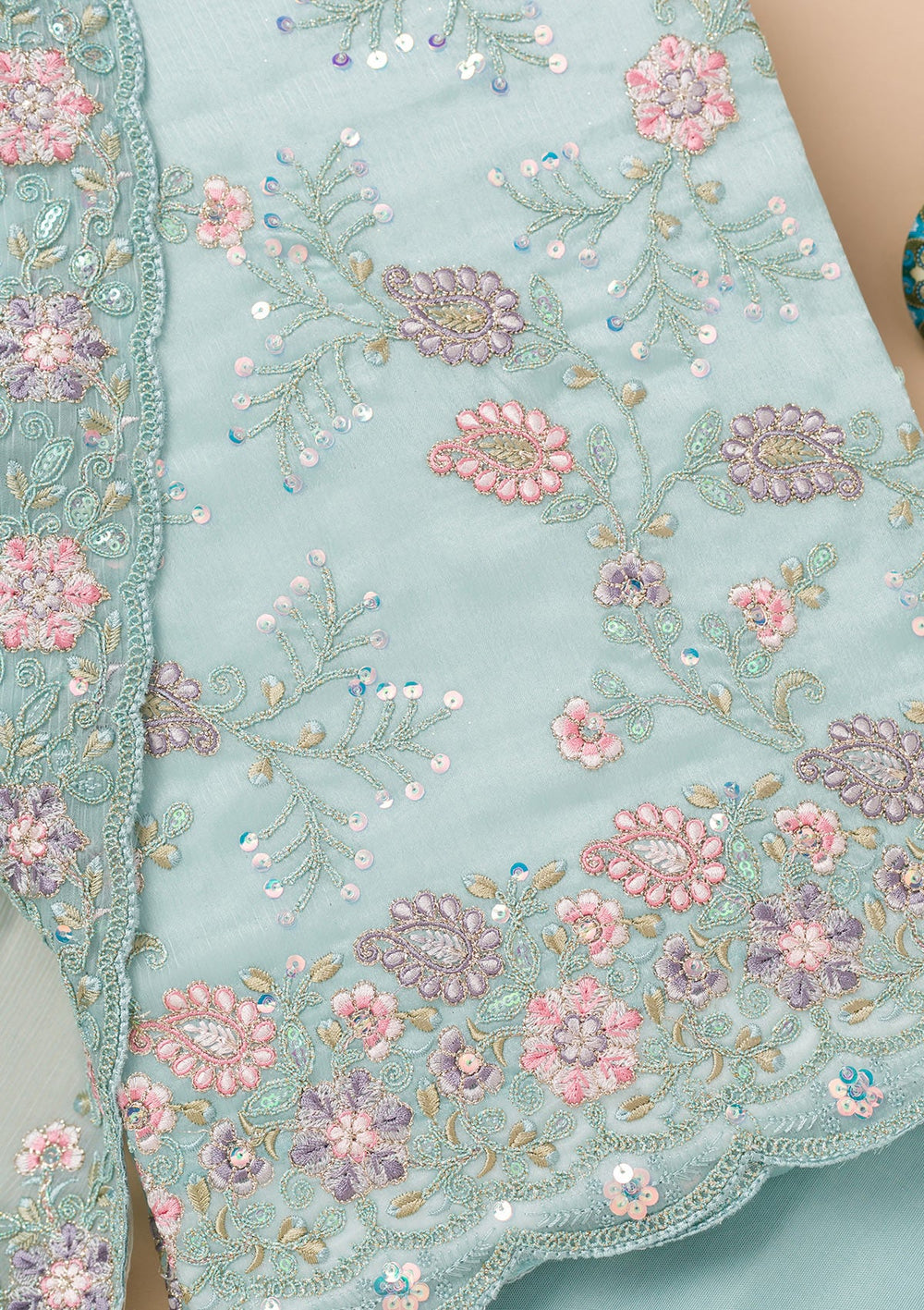 Sky Blue Threadwork Semi Crepe Unstitched Salwar Kameez-Koskii