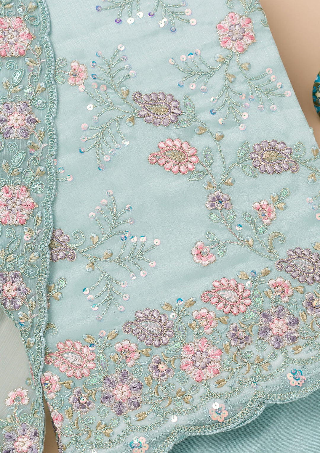 Sky Blue Threadwork Semi Crepe Unstitched Salwar Kameez-Koskii