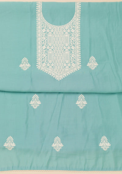 Sky Blue Threadwork Semi Crepe Unstitched Salwar Suit-Koskii