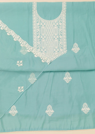 Sky Blue Threadwork Semi Crepe Unstitched Salwar Suit-Koskii