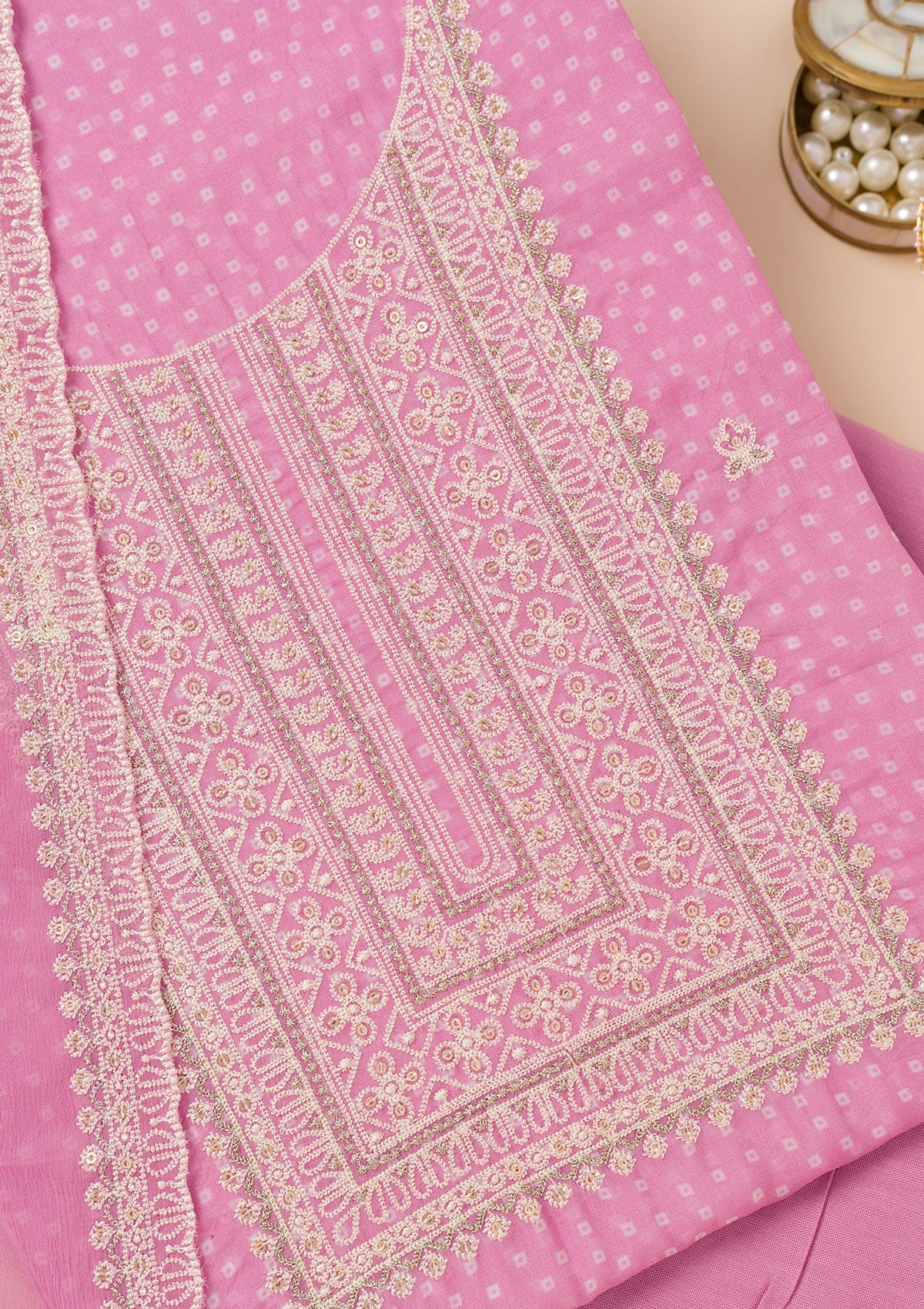 Pink Threadwork Semi Crepe Unstitched Salwar Suit-Koskii