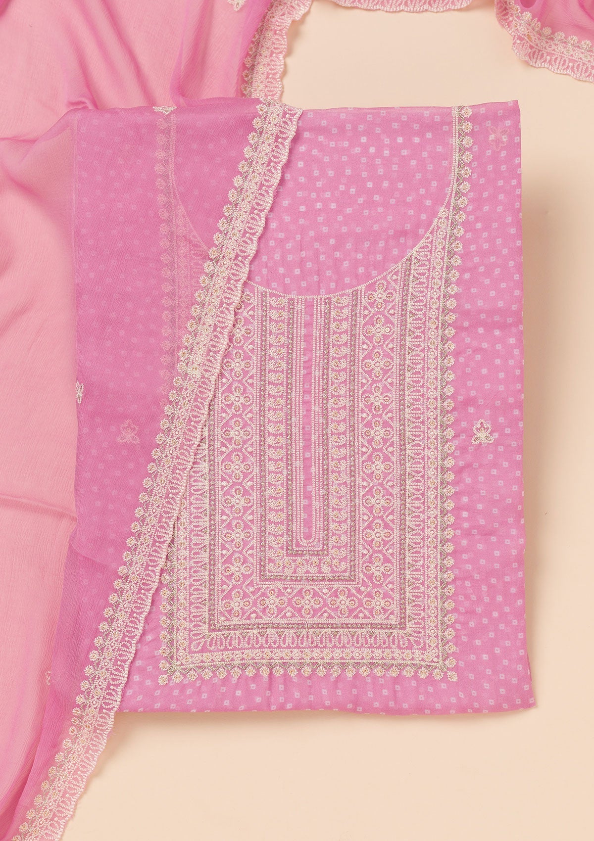 Pink Threadwork Semi Crepe Unstitched Salwar Suit-Koskii