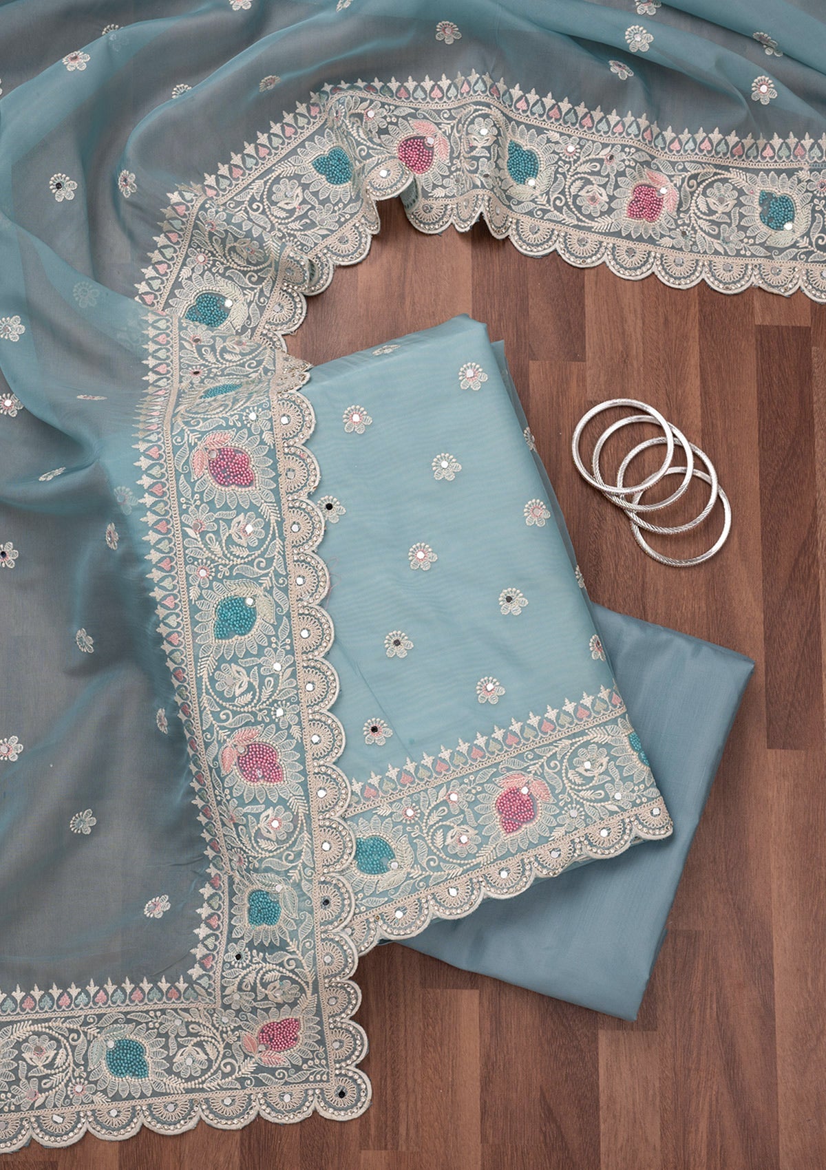 Sky Blue Threadwork Semi Crepe Unstitched Salwar Suit-Koskii