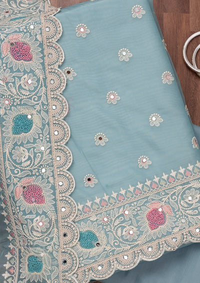 Sky Blue Threadwork Semi Crepe Unstitched Salwar Suit-Koskii