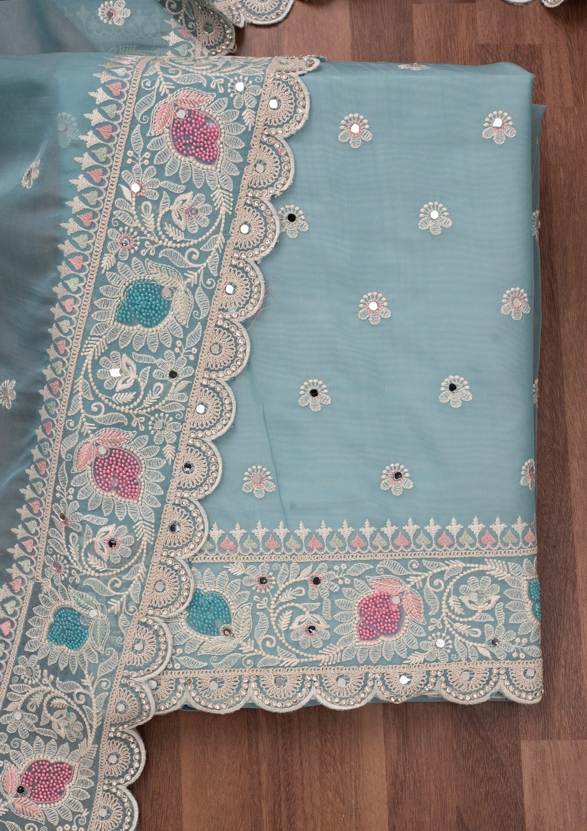 Sky Blue Threadwork Semi Crepe Unstitched Salwar Suit-Koskii