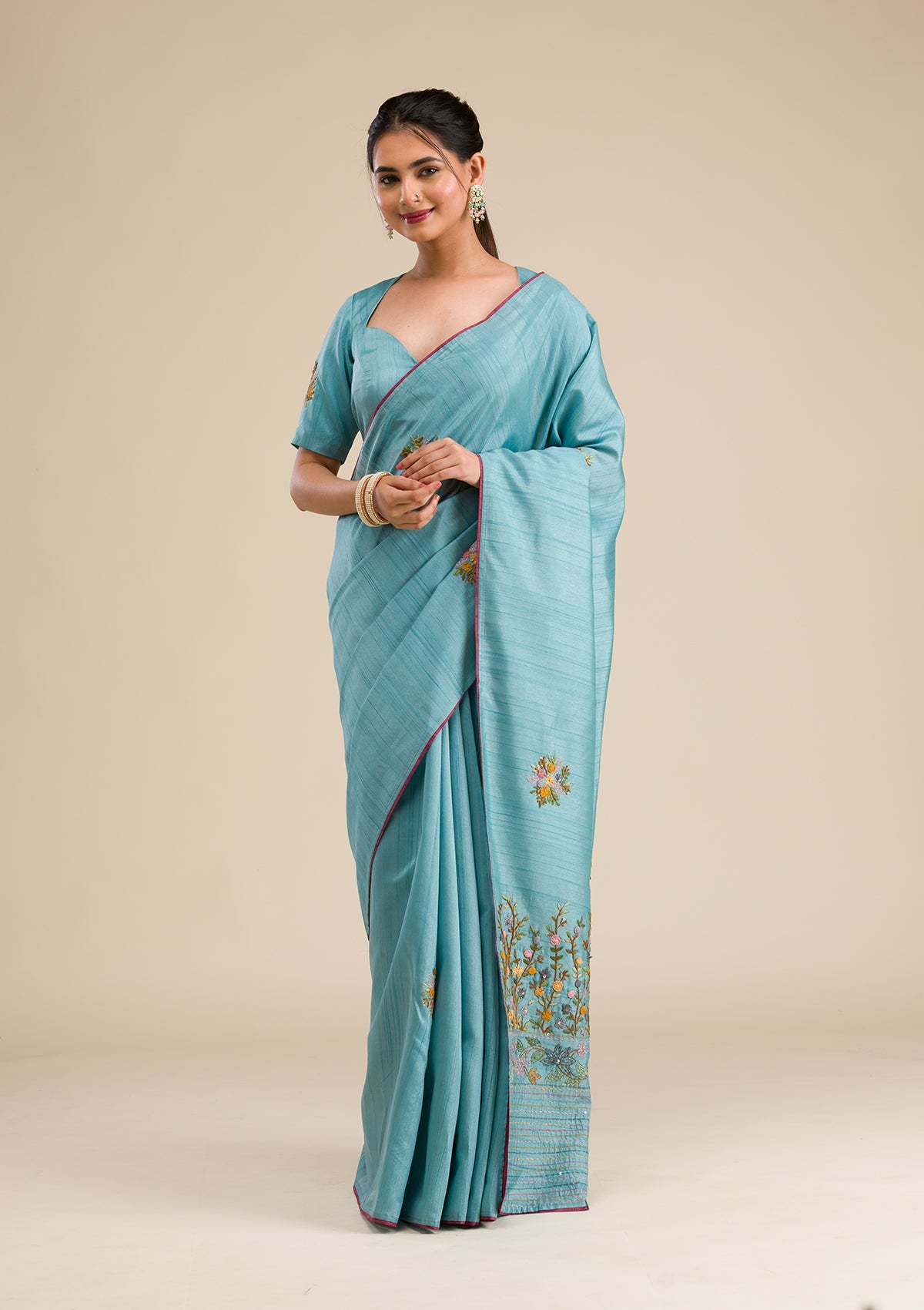 Sky Blue Threadwork Silk Saree-Koskii