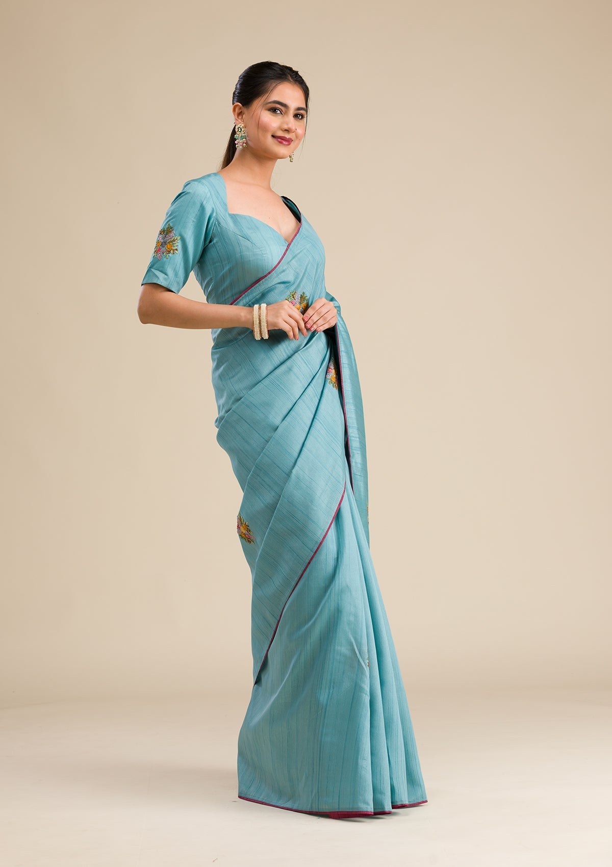 Sky Blue Threadwork Silk Saree-Koskii