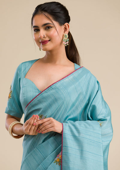 Sky Blue Threadwork Silk Saree-Koskii