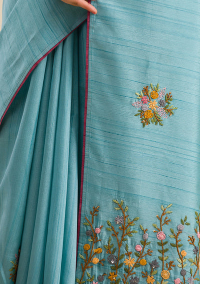 Sky Blue Threadwork Silk Saree-Koskii