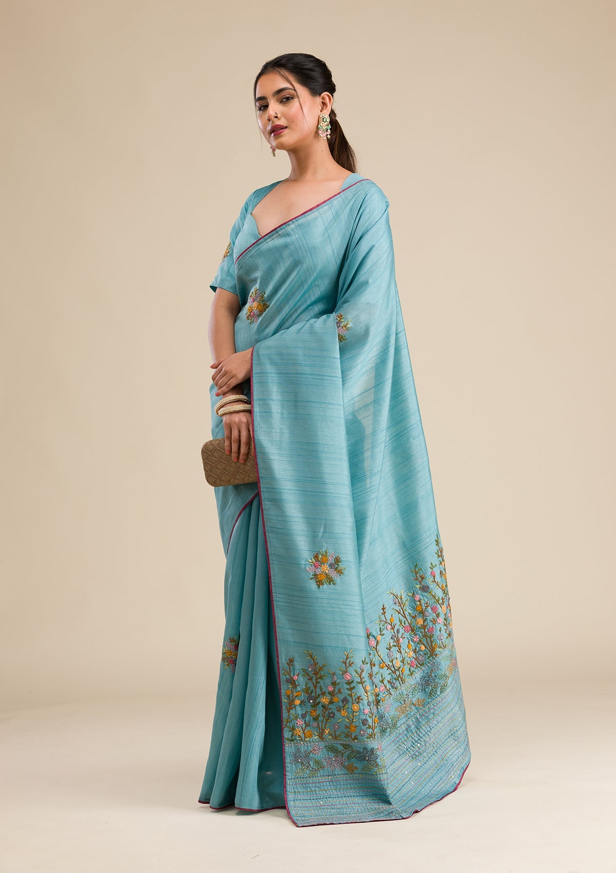 Sky Blue Threadwork Silk Saree-Koskii