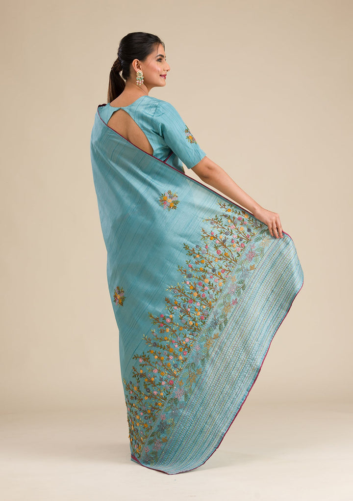 Sky Blue Threadwork Silk Saree-Koskii