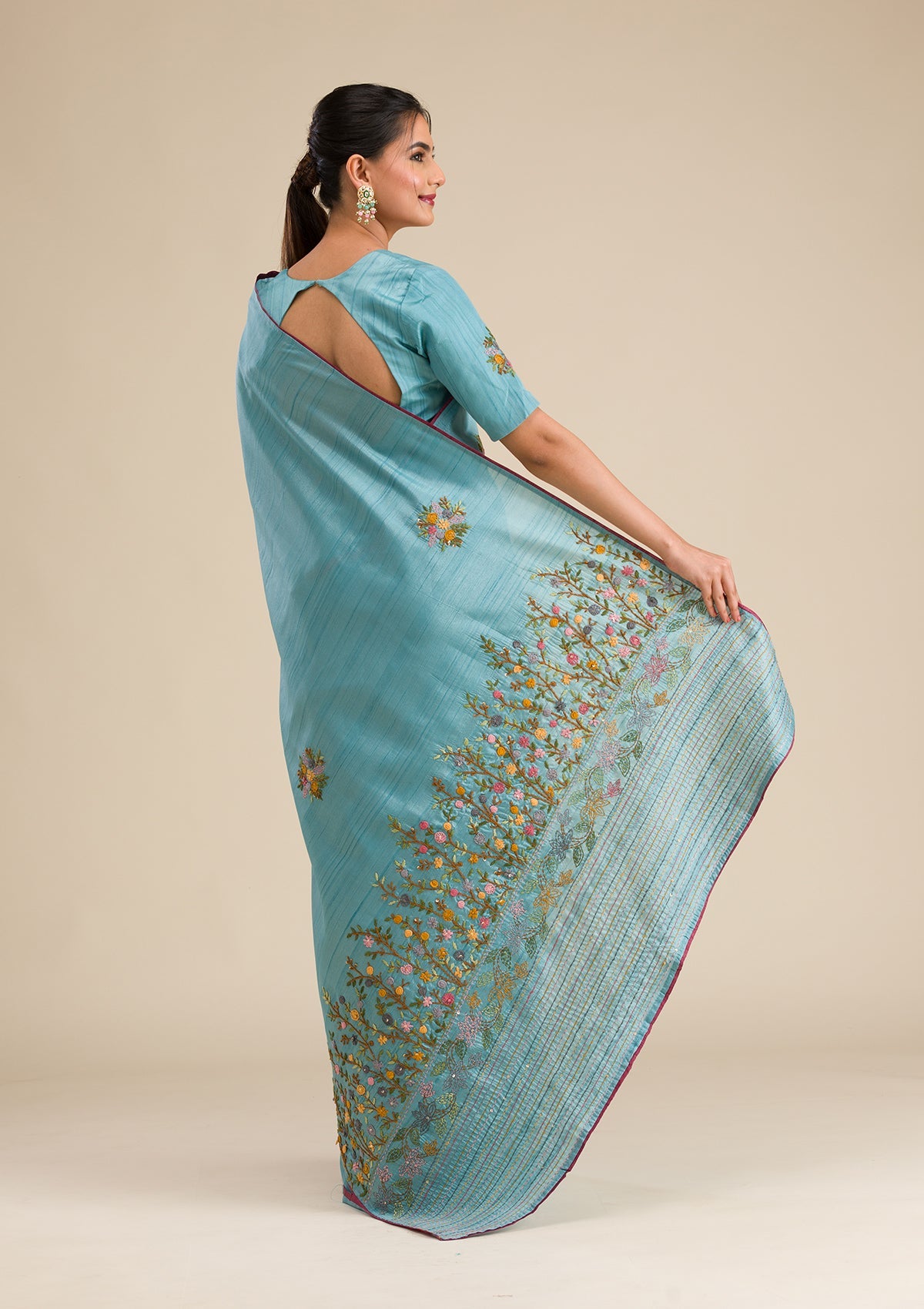 Sky Blue Threadwork Silk Saree-Koskii