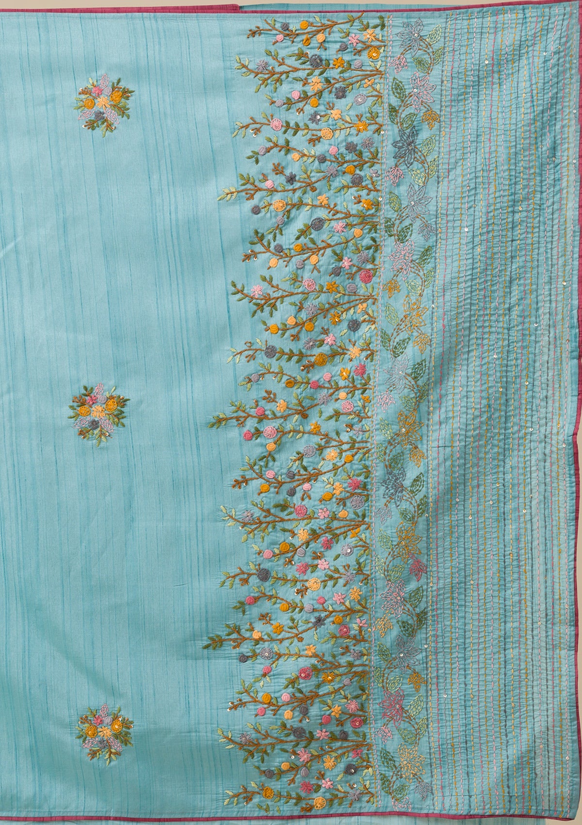 Sky Blue Threadwork Silk Saree-Koskii