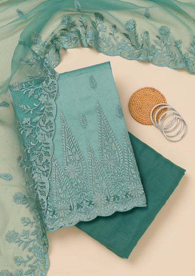 Sea Green Threadwork Tissue Unstitched Salwar Suit-Koskii