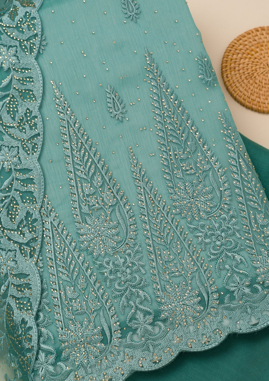 Sea Green Threadwork Tissue Unstitched Salwar Suit-Koskii