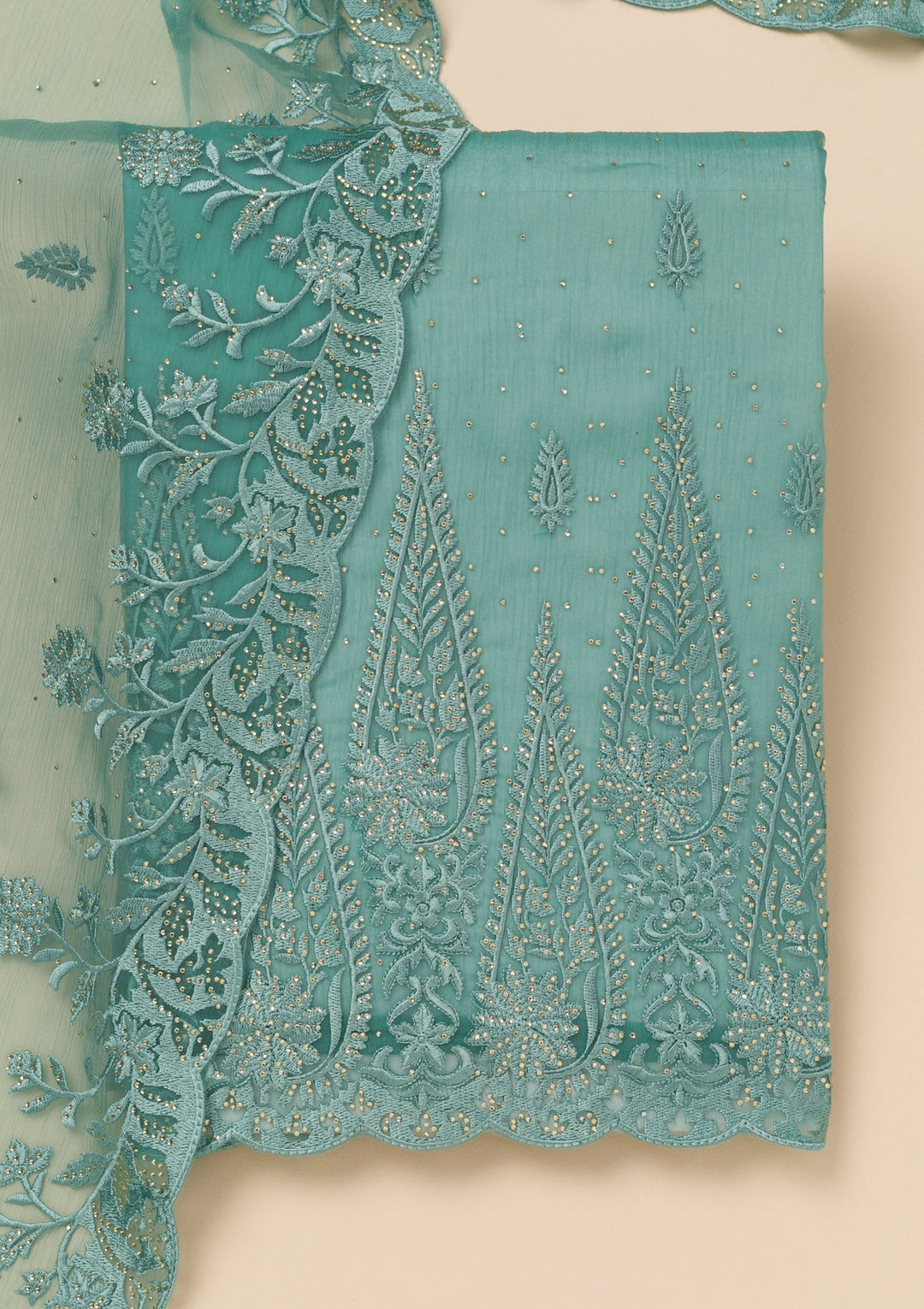 Sea Green Threadwork Tissue Unstitched Salwar Suit-Koskii