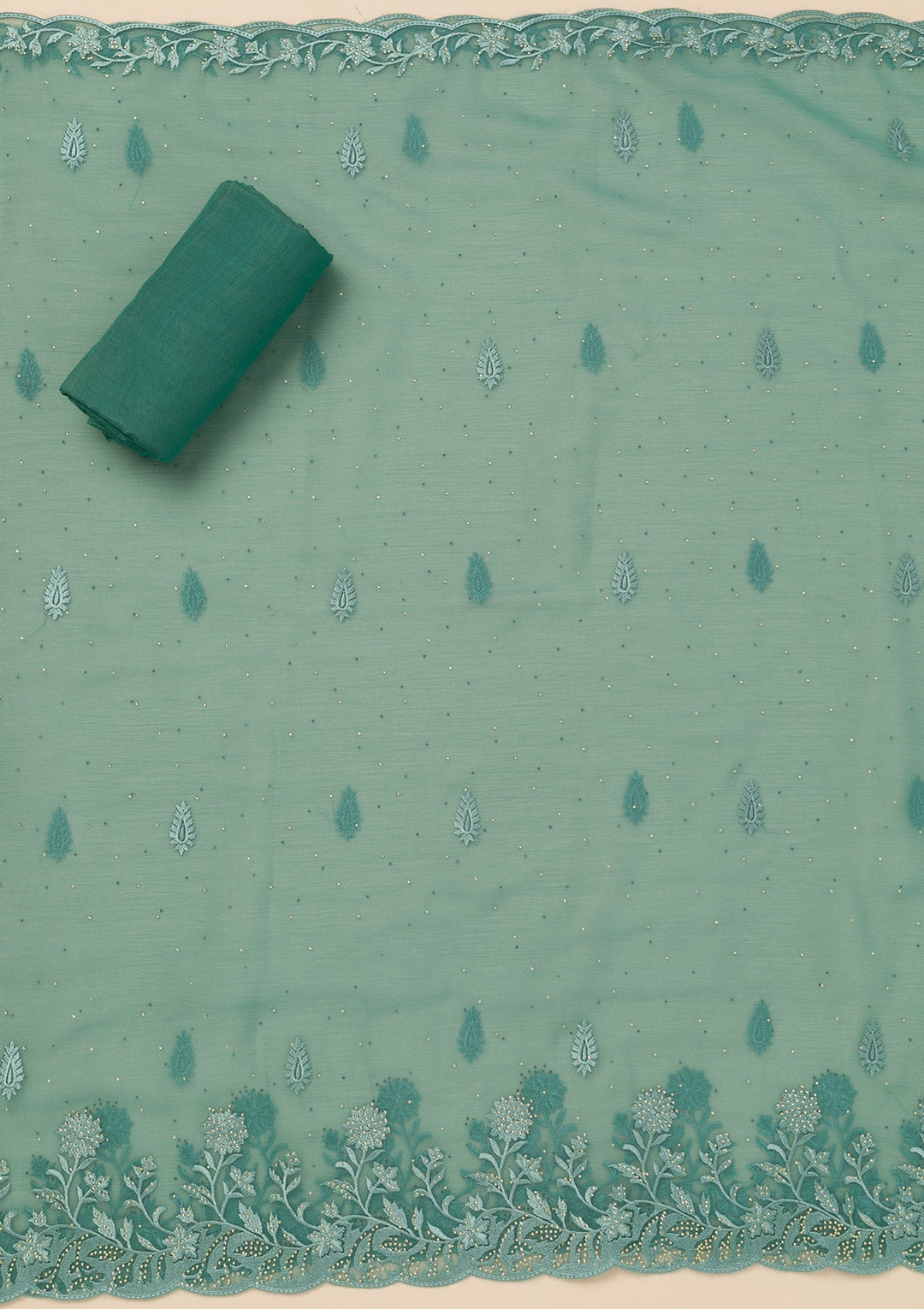 Sea Green Threadwork Tissue Unstitched Salwar Suit-Koskii