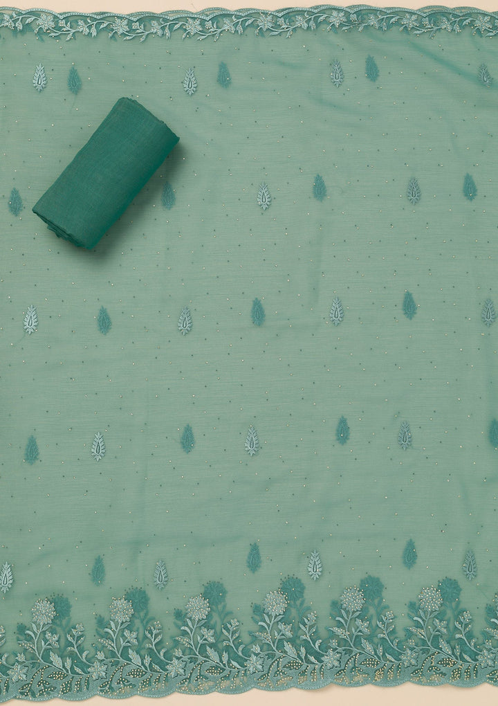 Sea Green Threadwork Tissue Unstitched Salwar Suit-Koskii