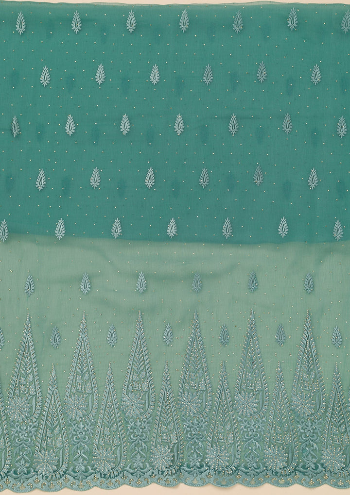 Sea Green Threadwork Tissue Unstitched Salwar Suit-Koskii