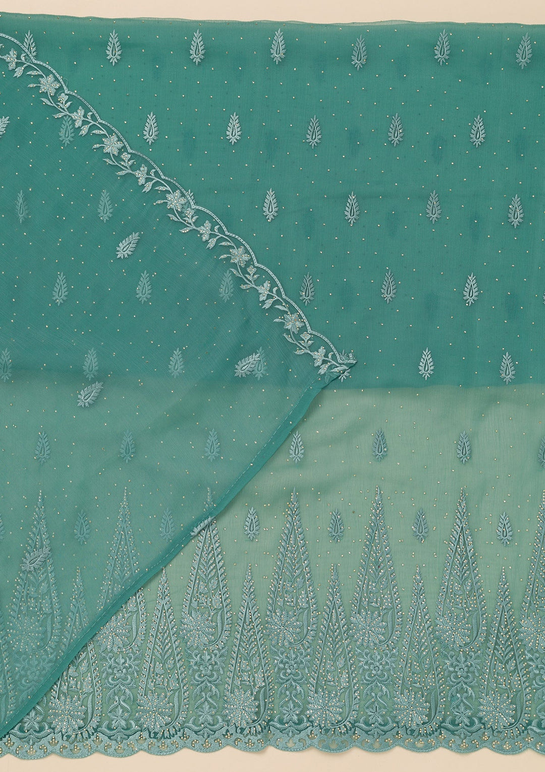 Sea Green Threadwork Tissue Unstitched Salwar Suit-Koskii