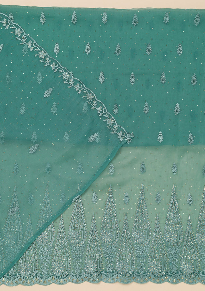 Sea Green Threadwork Tissue Unstitched Salwar Suit-Koskii