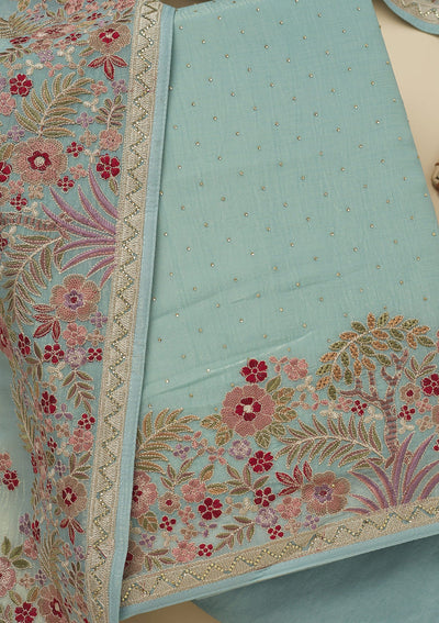 Sky Blue Threadwork Tissue Unstitched Salwar Suit-Koskii