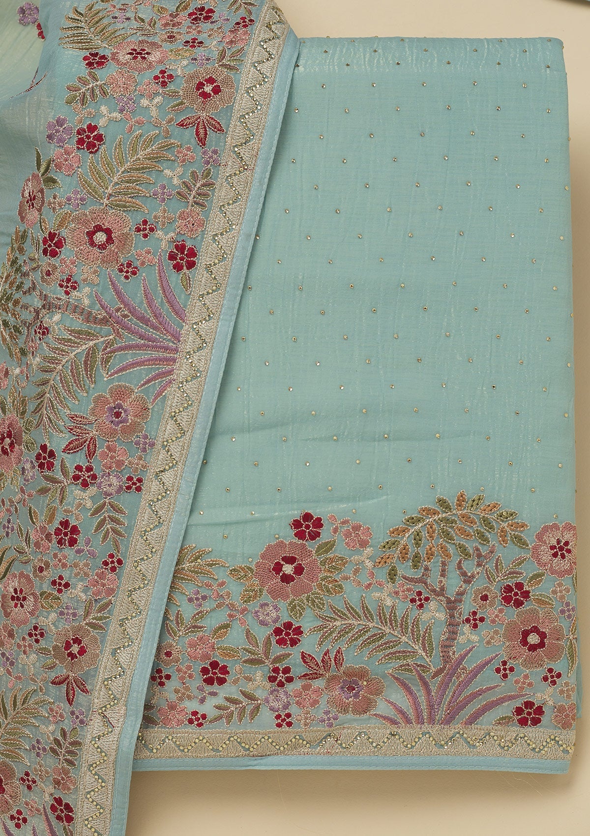 Sky Blue Threadwork Tissue Unstitched Salwar Suit-Koskii