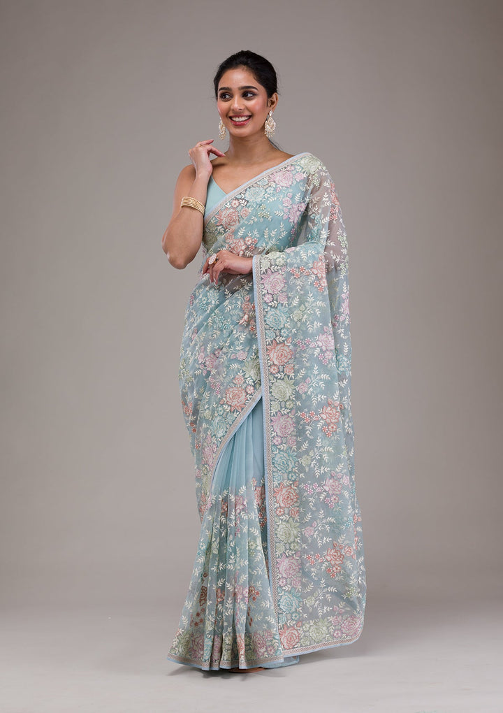 Sky Blue Threadwork Tissue Saree-Koskii