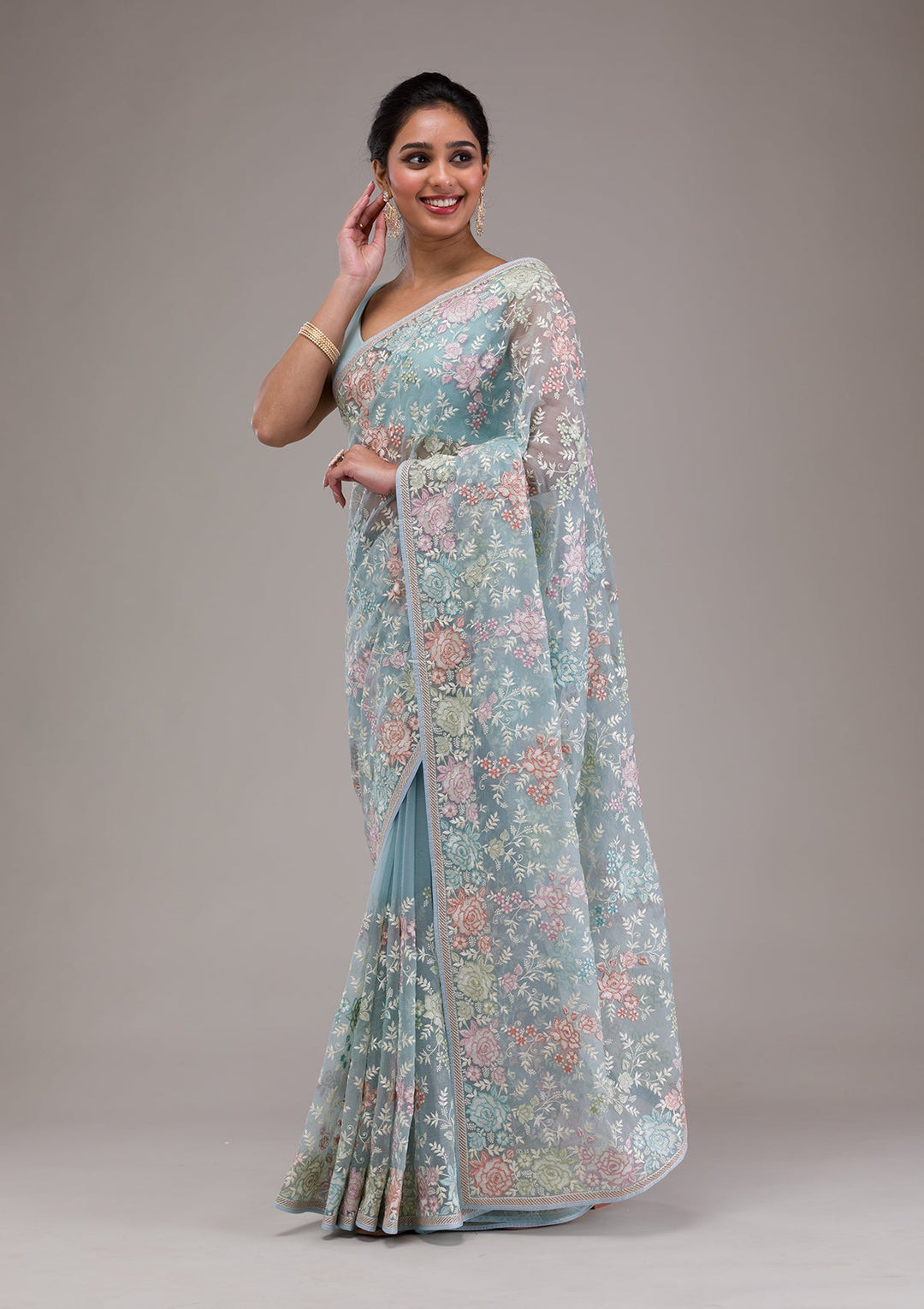 Sky Blue Threadwork Tissue Saree-Koskii