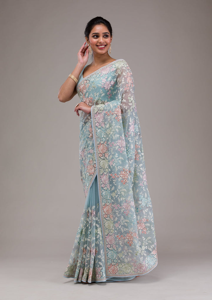 Sky Blue Threadwork Tissue Saree-Koskii